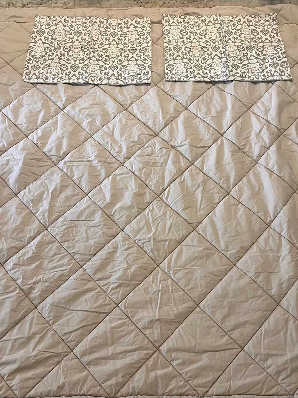 Pottery Barn Reversible Floral Damask Quilted comforter 2 cases in grey/White